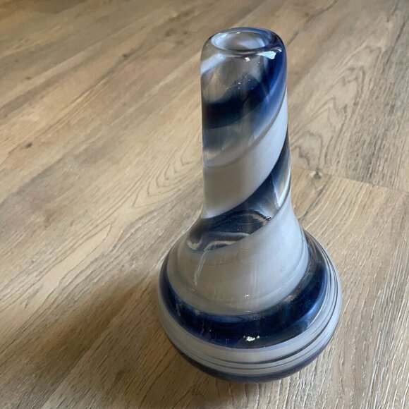 Source Unknown Other - Hand Blown Navy Blue White Swirl Glass Onion Vase Pontil Mark 8" Tall!